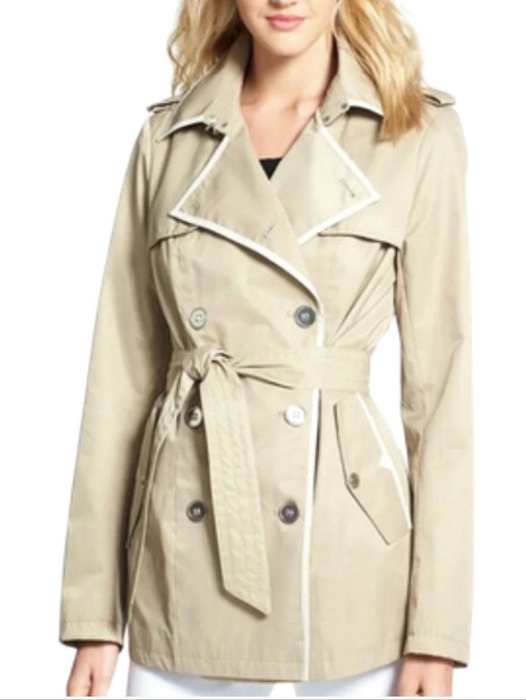 Sam Edelman Lyda Khaki Ivory Piping Belted Trench Coat Coastal Small Old Money